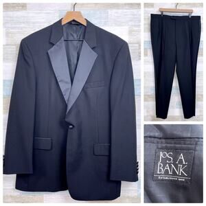 Jos A Bank Notch Collar Tuxedo Suit Black Mens 44R Jacket 40x31 Pleated Pants